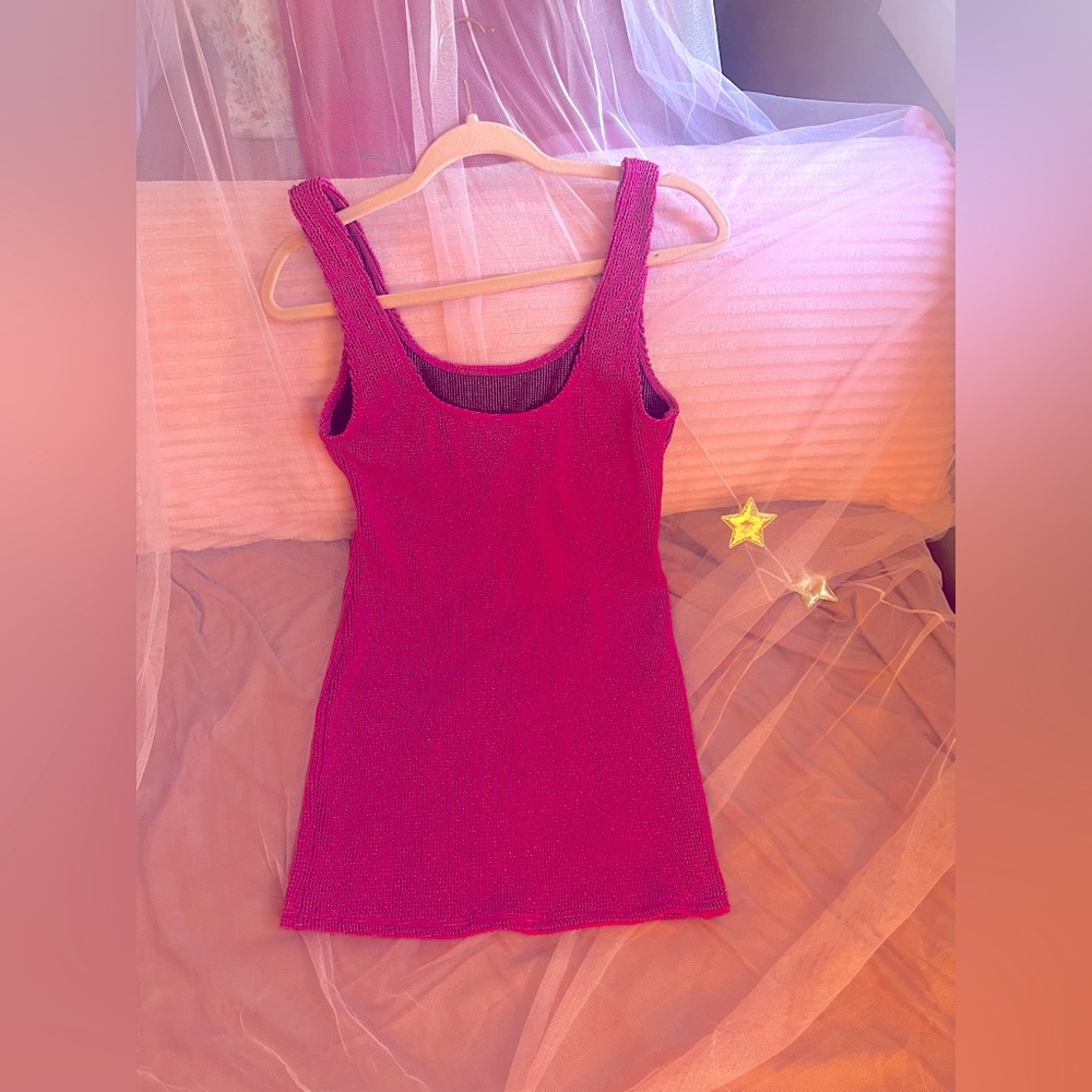 Barbiecore Summer 🌞 Good American Metallic Fuchsia Knit Mini Dress – Size 3/4